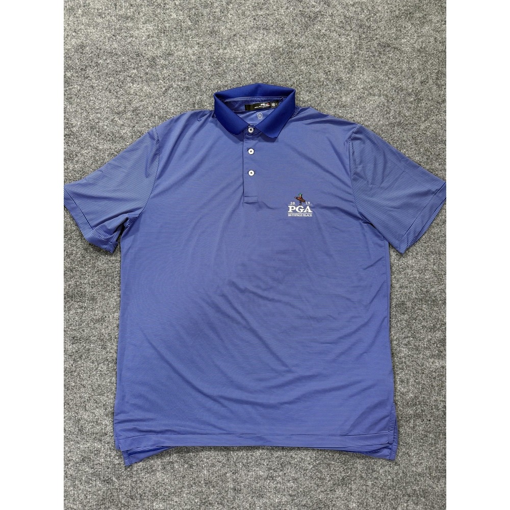 RLX Ralph Lauren Polo Shirt Mens Medium Blue Stripe PGA Bethpage Black Golf‎